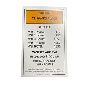 Monopoly Here Now St James Place Property Title Deed Card Replacement 2008 u